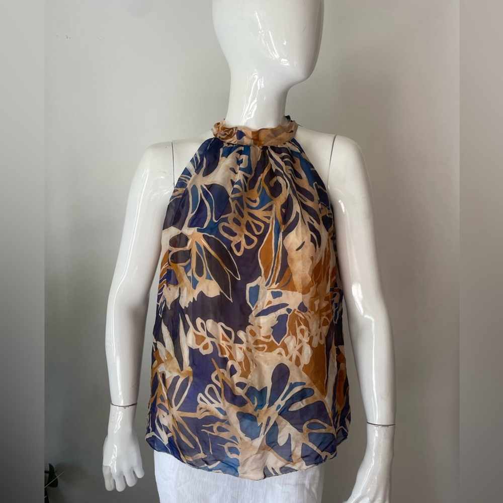 bellambra silk blend made in italy Floral Halter Neck Women Top - Blue and Brown